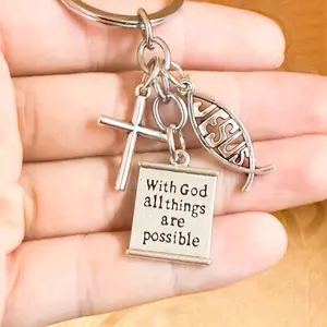 "Walk with God, all things are possible" keychain, cross keyring, keychain, men's bag pendant, zinc alloy accessory