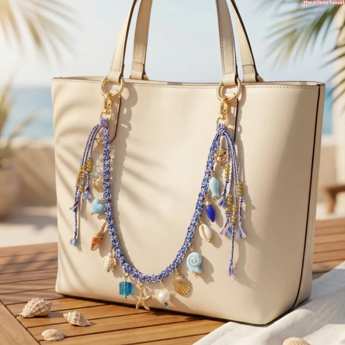 Boho Beach Bag Charm, Colorful Ocean Style Braided Tassel with Turtle, Shell & Starfish Charms, Summer Purse Accessory, Braided Tassels, Twillie Charm tiktokshopbacktoschool