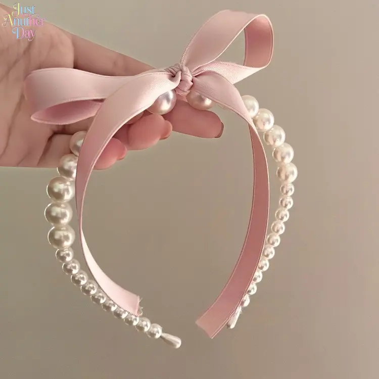 4Pcs French Pink Satin Bow Pearl Thin Headbands Women Sweet Elegant Gradient Faux Pearl Hair Hoop All-match Fairy Hair Accessories For Daily Wedding Dating Spring Travel Styling