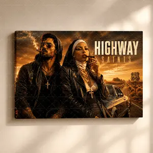 "Highway Saints" Rebel Biker Canvas Wall Art, Desert Sunset Noir Print, Retro Route 66 & Grunge Aesthetic, Living Room Bedroom Office Decor, Statement Poster Gift,wall decor,poster.