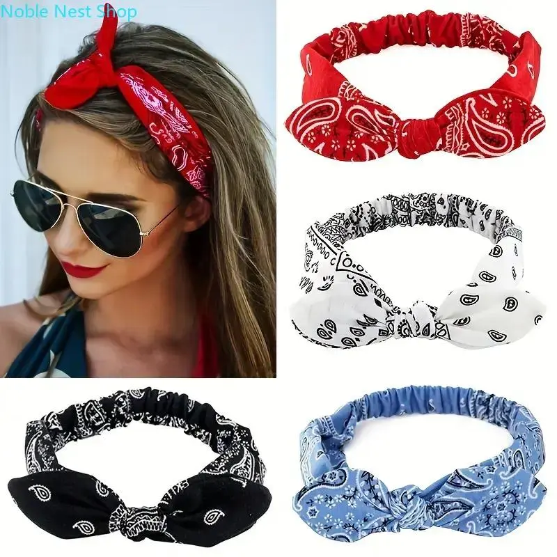 Women 4 Pack Chic Rabbit Ear Knotted Headbands, Elastic Multi-Color Hair Bands with Built-In Steel Wire for Adjustable Shaping, Fashion Hair Accessories for Sports Workout & Daily Outdoor Use