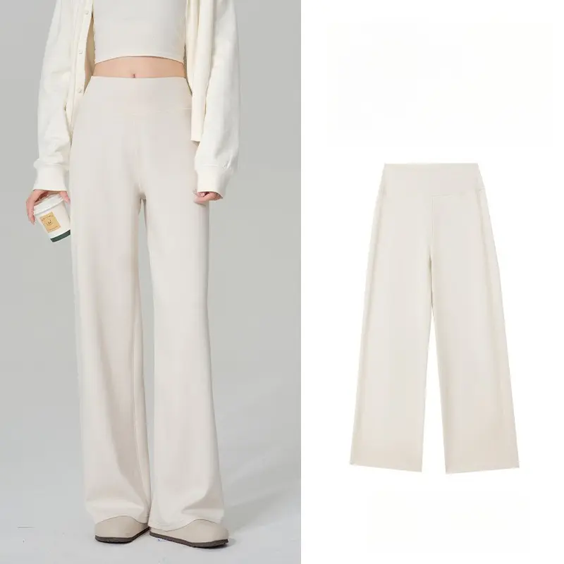 Women's High-Waisted Fluffy Nylon Air Layer Clouds Straight Wide-Leg Bottoms, Athletic Elegant Slim-Fit Commuter Pants for Yoga, Soft