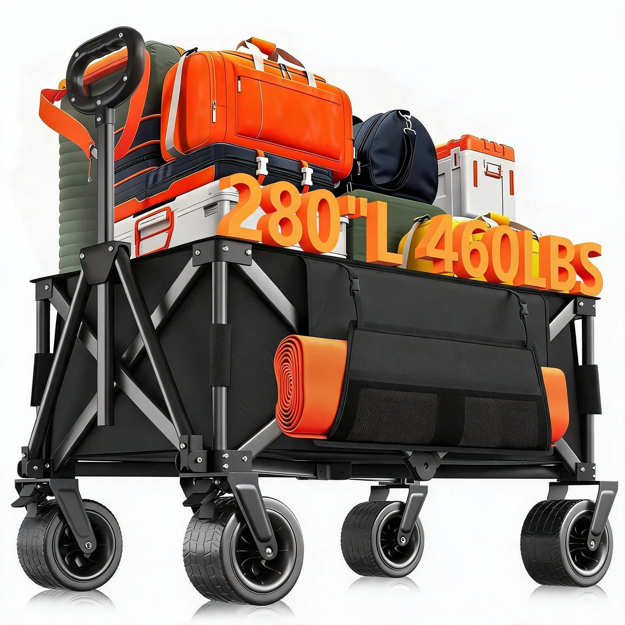 Heavy-Duty Foldable Trolley, Folding Beach Trolley Cart with Wheels, Camping Trolley Wagon with Adjustable Handle, Collapsible Heavy Duty 600D OxfordFabric Trolley Cart for Outdoor Garden Picnic Shopping