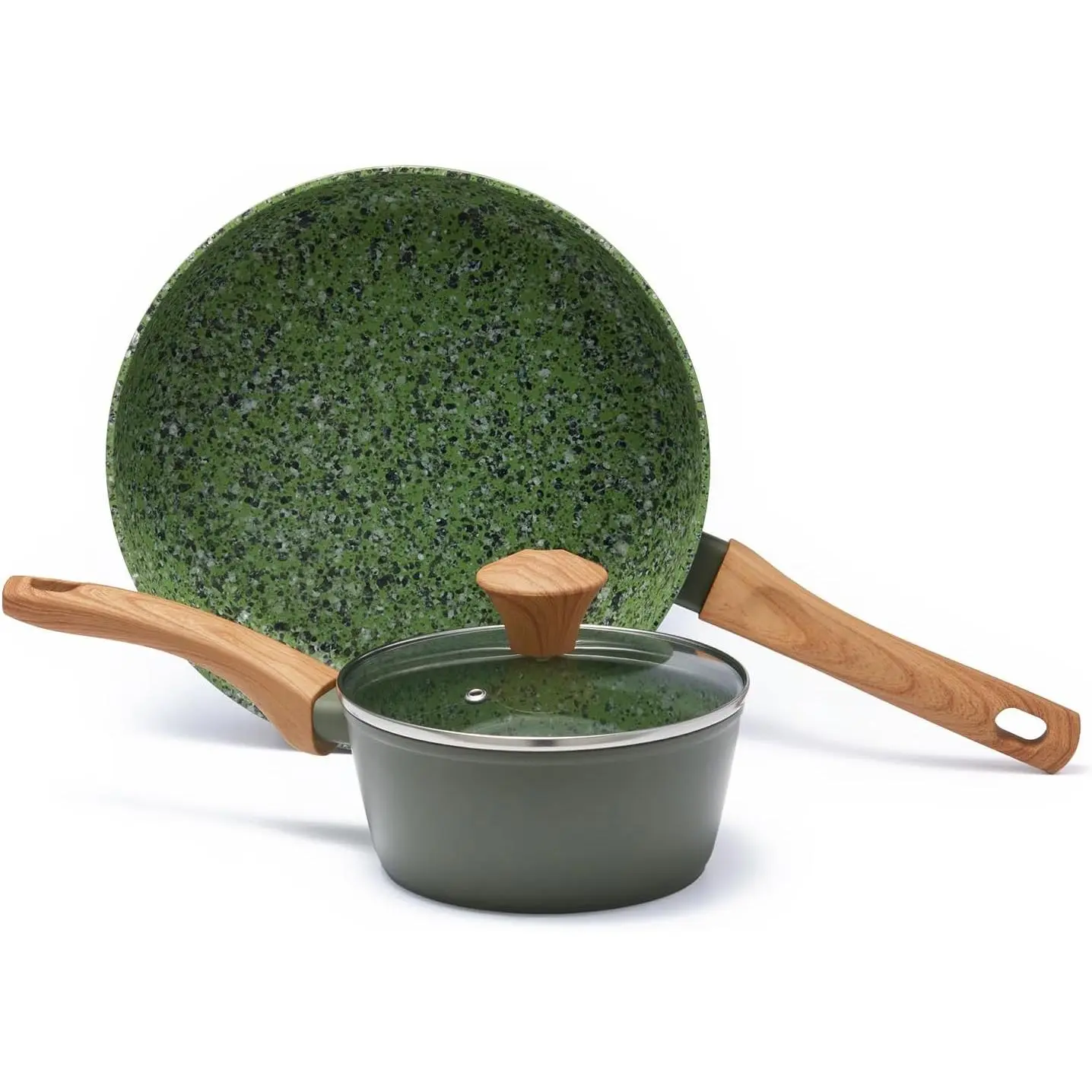 2- Nonstick Cookware Set,10.25 Inch Frying Pan & 1.43QT Saucepan with Lid,  PFOA Free  Coating, Heavy Bottom Even Heat, Induction Compatible, Dishwasher Safe - Green