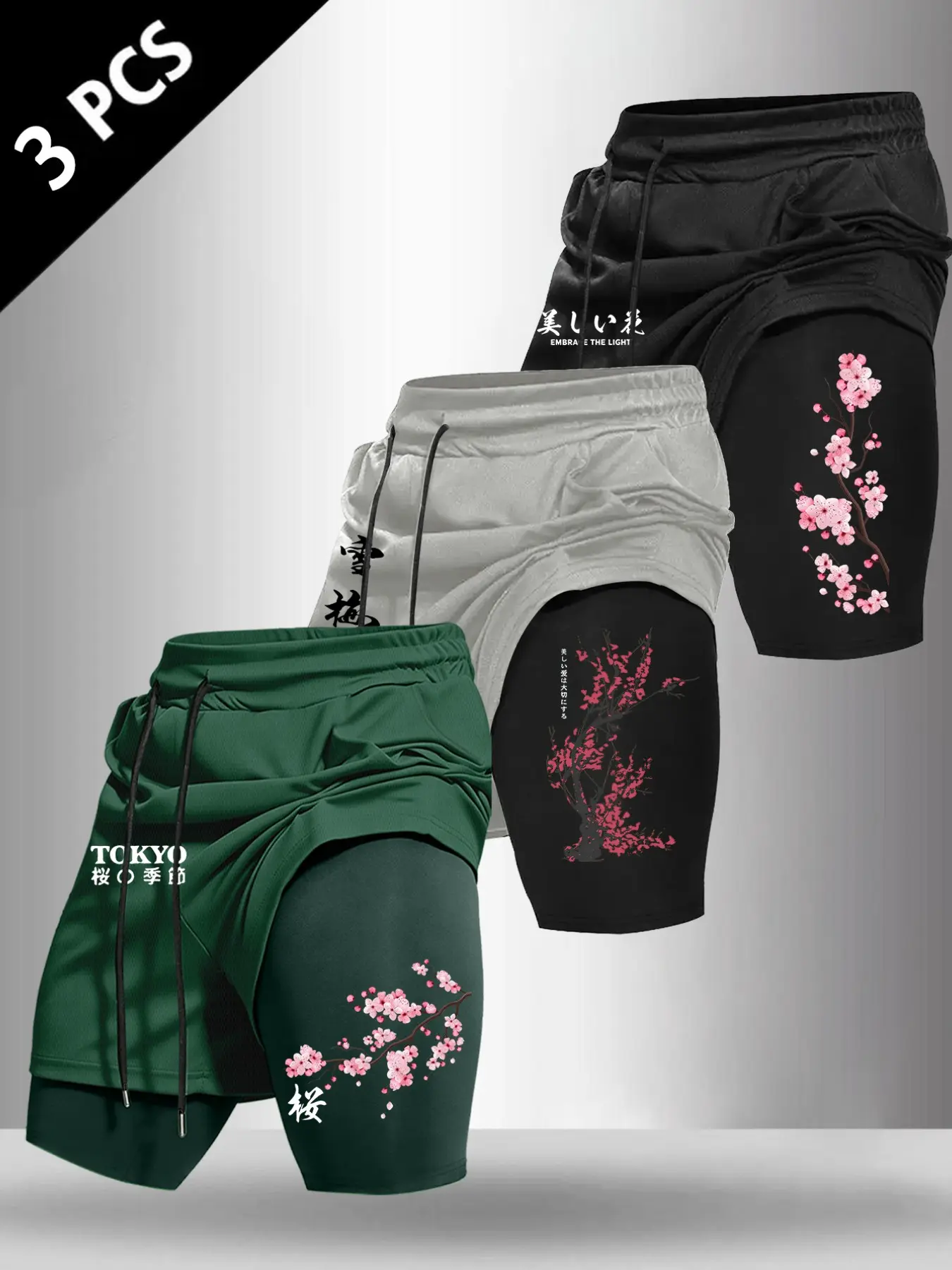 Men's 2-in-1 Double Layer Training Shorts, Floral & Japanese Letter Print, Elastic Drawstring Waist, Breathable Fabric Sports Bottoms With Pockets, Printed Athletic Shorts For Gym, Running, Daily Training & Street Wear, Graphic Shorts