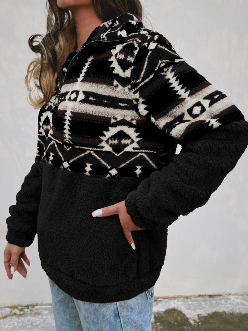 Women's Geometric Print Zip Up Plush Sweatshirt, Casual Long Sleeve Pullover for Fall & Winter, Sweatshirts for Women, Women's Clothes for Daily Wear