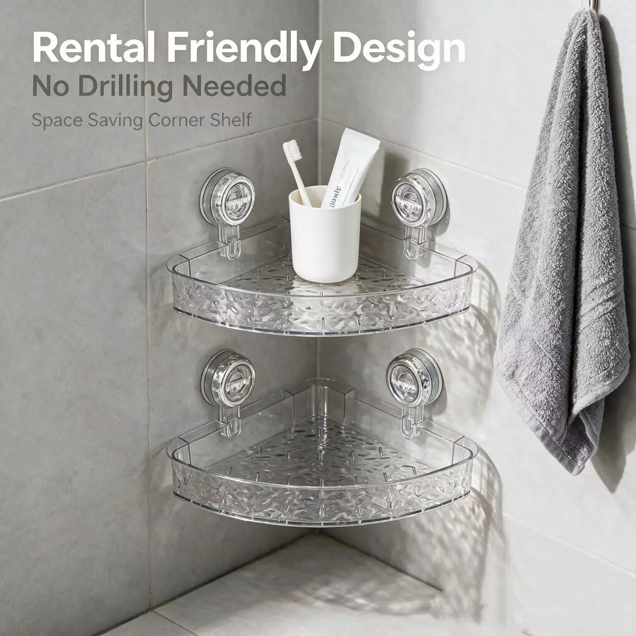 2-Pack Corrugated Suction Storage Shelves, Wall-Mounted Bathroom Organizer, No Drilling, Transparent Detachable, Easy Install, Apartment Life