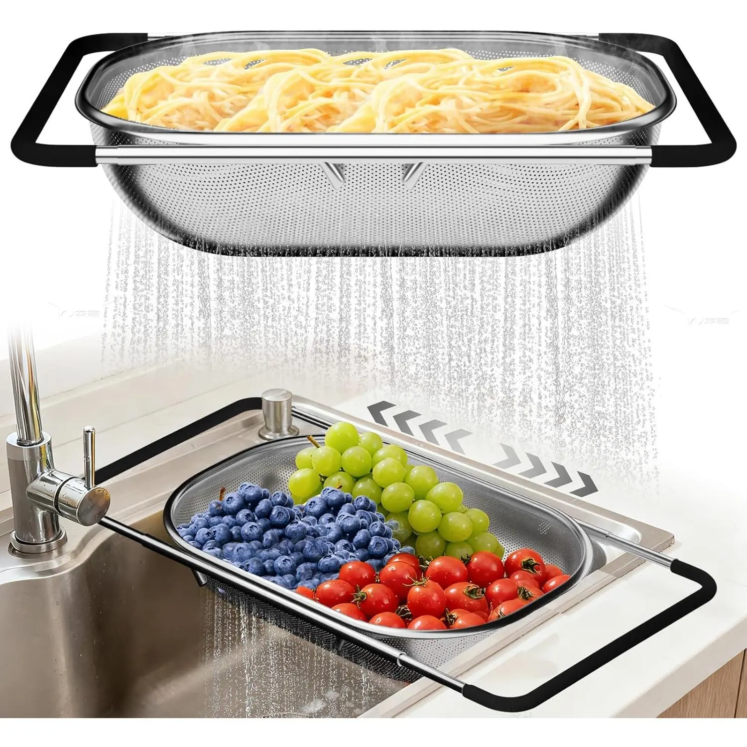 Expandable Over-the-Sink Colander Strainer with Rubber Grip for Vegetables, Fruits, and Pasta, 9.5 x 13.4-21.3 x 3.3 Inches