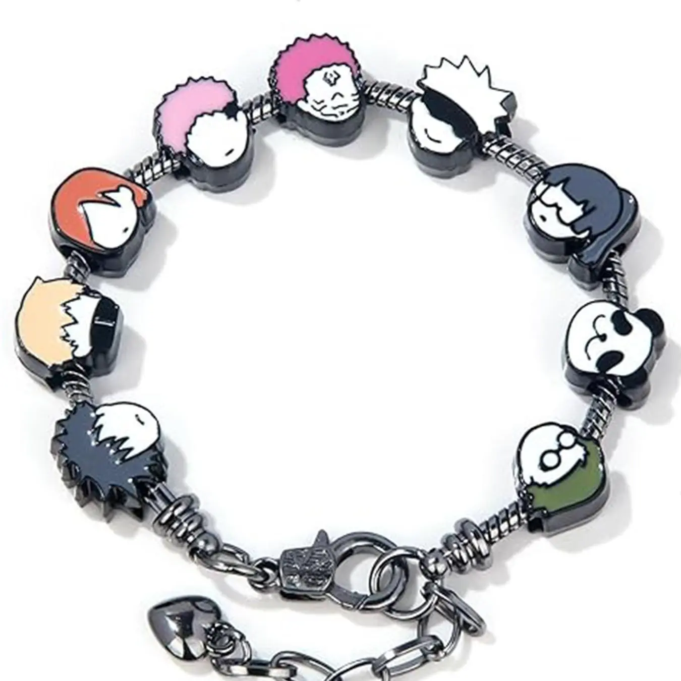 Charm Bracelet Gifts – 9 Mini Anime Faces in Chibi Style – Gojo, Yuji, Sukuna, Panda & More – Removable Alloy Chain for Fans and Collectors