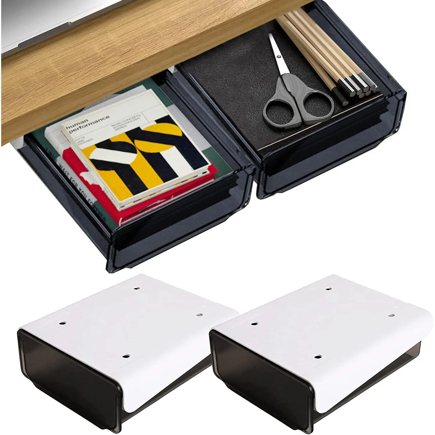 Self-adhesive Under Desk Drawer Organizer, 2 Pack Table  Slide Out Large Storage Mounted Desktop Pencil Holder Tray Drawers for Office  School Stationery Kitchen (Black)