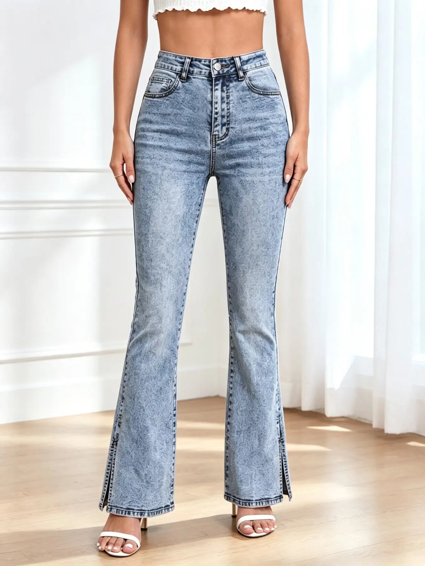Lkuily Women's Snow Wash High Waist Stretch Slim Flare Jeans, Side Slit Hem Hip Hug Tall Extra Long Bootcut Pants, American Retro Daily Office Versatile Denim Trousers