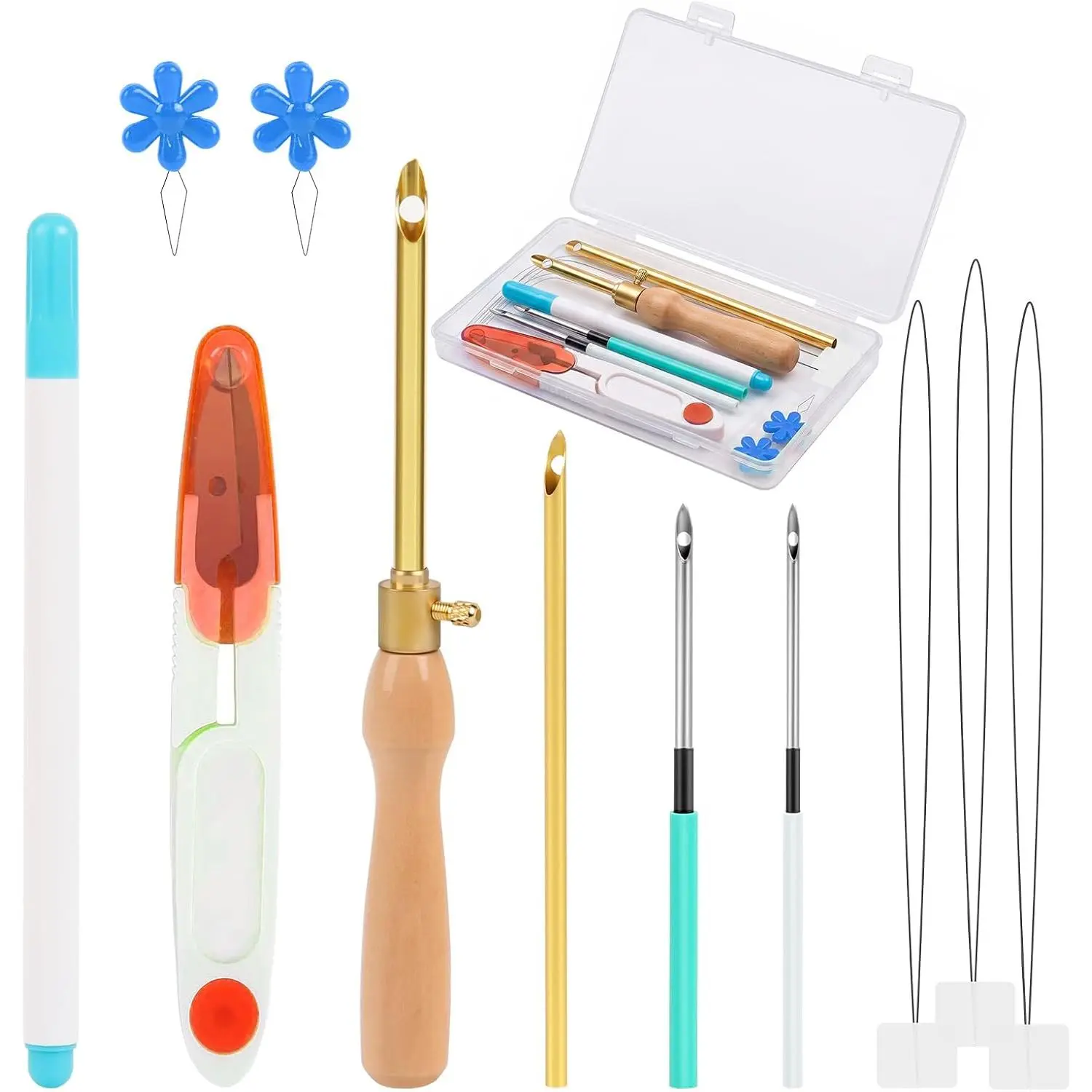 Punch  Kit Adult Beginner, Adjustable Punch  Tool with Different Size , Storage Box, Fabric Marking Pen, Wooden Handle Embroidery Pen Set for Gifts, Decoration & DIY Craft Project