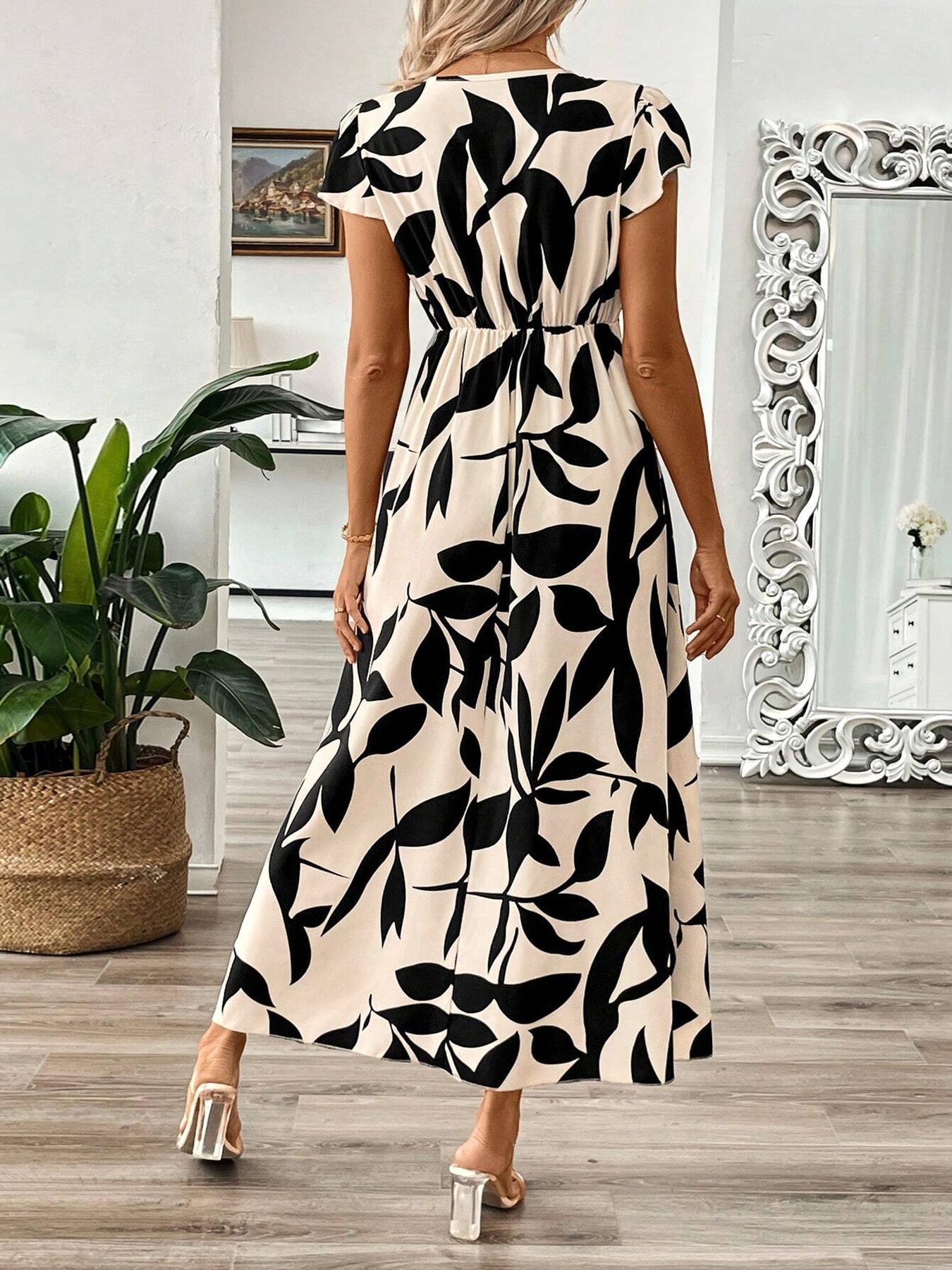 Women's Floral Print V Neck Dress, Boho Short Sleeve A-line Dress for Beach Holiday Vacation, Ladies Summer Clothes, Bohemian Boho Casual