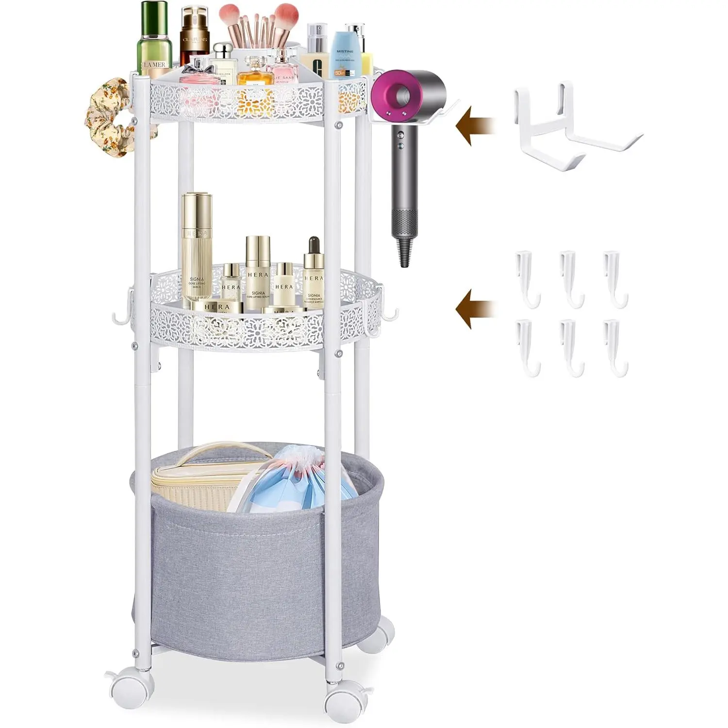 3-Tier Round Makeup Cart with Wheels, Rolling  Organizer with Removable Hair Dryer Holder, Small Space Beauty Storage Cart for Skincare, Perfume,  Polish & Hair Tools, White