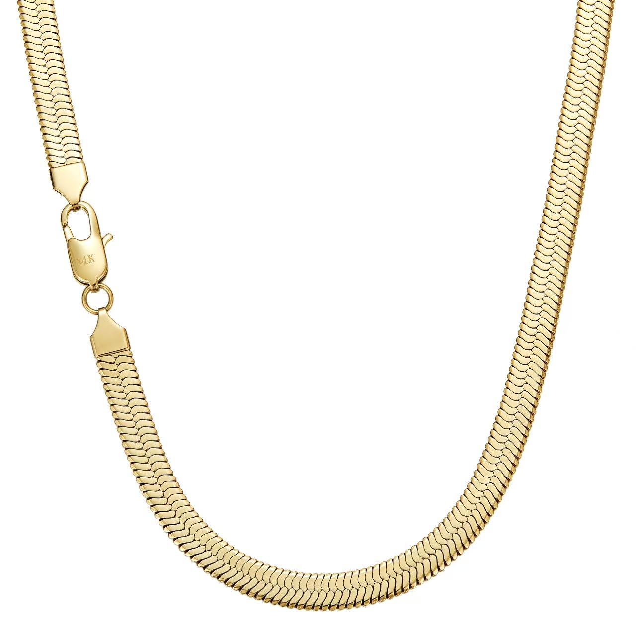 Titanium Steel 14K Gold Plated Herringbone Necklace for Men| 7mm Flat Snake Bone Blade Chain| Waterproof Tarnish Free Jewelry