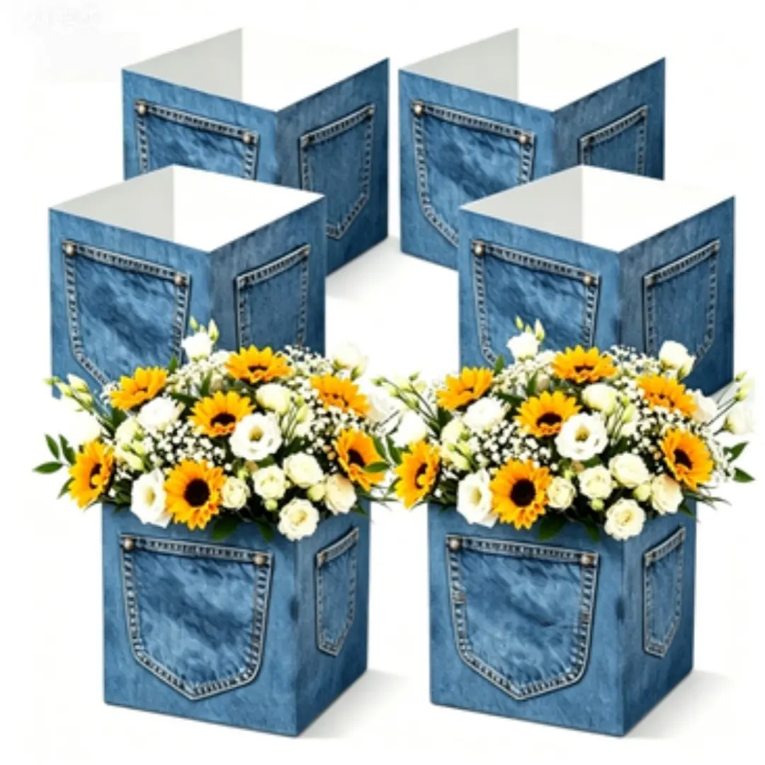 6 Piece Blue Jeans Shower Centerpiece Decor, Tabletop Flower Box, Snack Rack, Party Supplies for Denim and Diamond Theme Celebrations