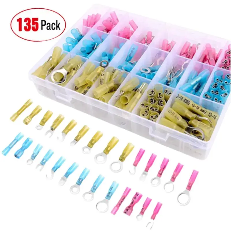 Nilight 135-Pcs Copper Heat Shrink Wire Connectors, 3:1 Shrink Weatherproof Universal Fit with Multiple Shapes, Automotive & Motorcycle Exterior Use, -55C to 125C Operating Range, 130C Full Recovery Temperature, 3.2 Ounces