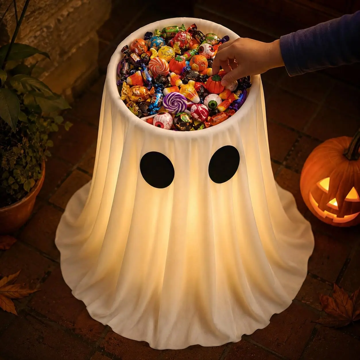 30-Inch Halloween Glowing Ghost Candy Bowl with Timer Remote, Thick Draped Ghost Design, Outdoor Front Door Decor for Trick-Or-Treat
