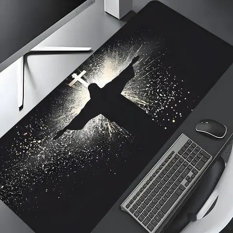 Jesus & Cross Illuminated Design Gaming Mouse Pad, Desktop Protection Pad, Computer Desk Accessory, Non-Slip Rubber, Washable, Stitched Edges, Multi-Size Desktop Pad for Home Office, Gift for Family and Friends