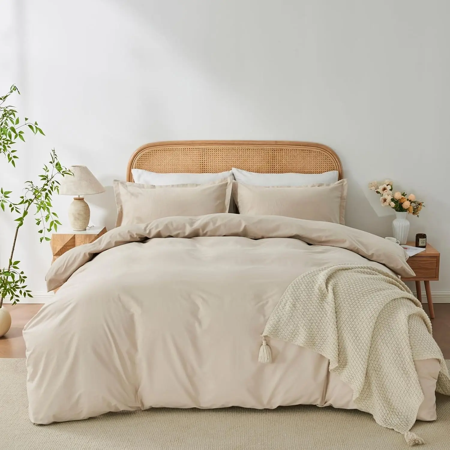 100% Washed Cotton Duvet Cover King Size Soft Breathable Durable Bedding with Zipper Closure & 8 Corner Ties- 3 Pieces Plain Simple Duvet Cover Set,2 Pillow Shams,1 Duvet Cover(104"x90")