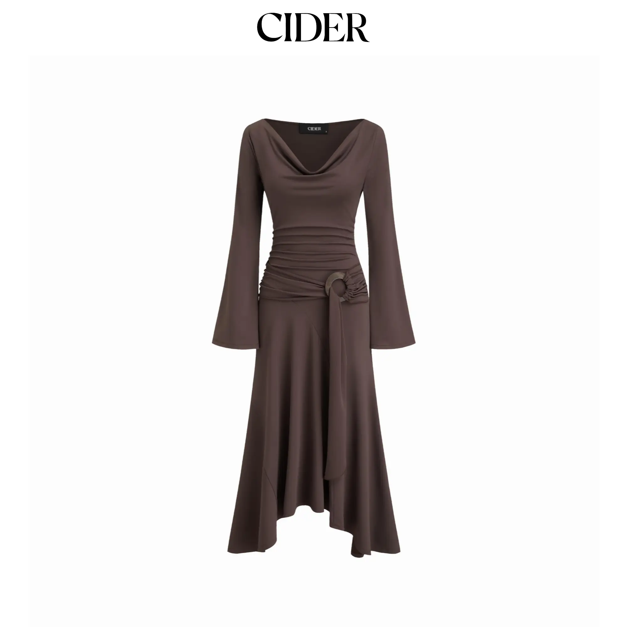 Cider Cowl Neck Bell Sleeve O-Ring Ruched Ruffle Hem Midi Dress SohoChic
