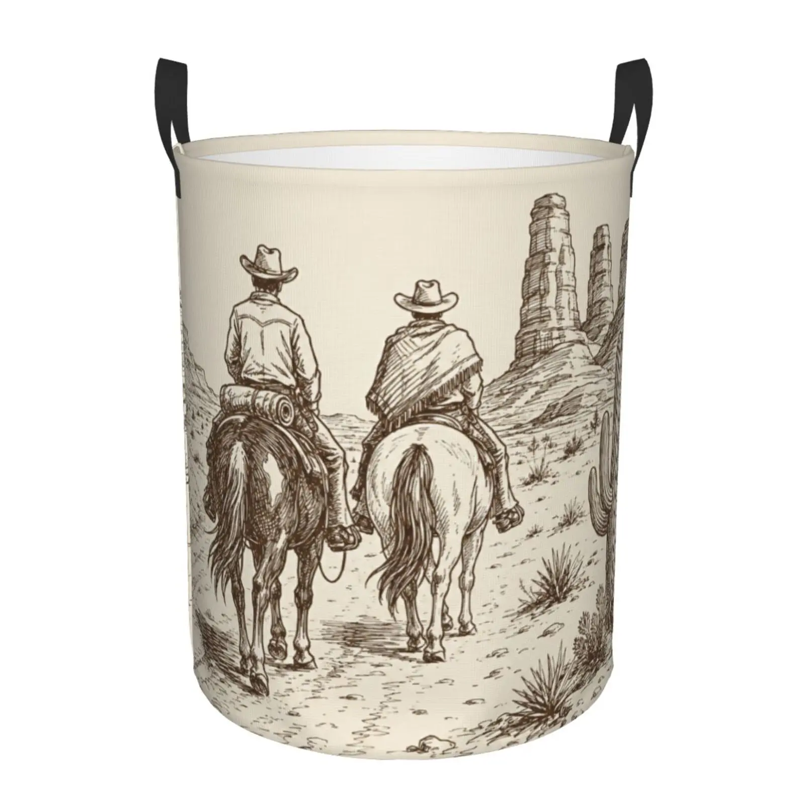 Western Cowboy Laundry Basket, Rustic Sketch Horse Riding Storage Hamper, Large Collapsible Dirty Clothes Organizer with Handles for Bedroom, Living Room, Nursery, Farmhouse Home Decor