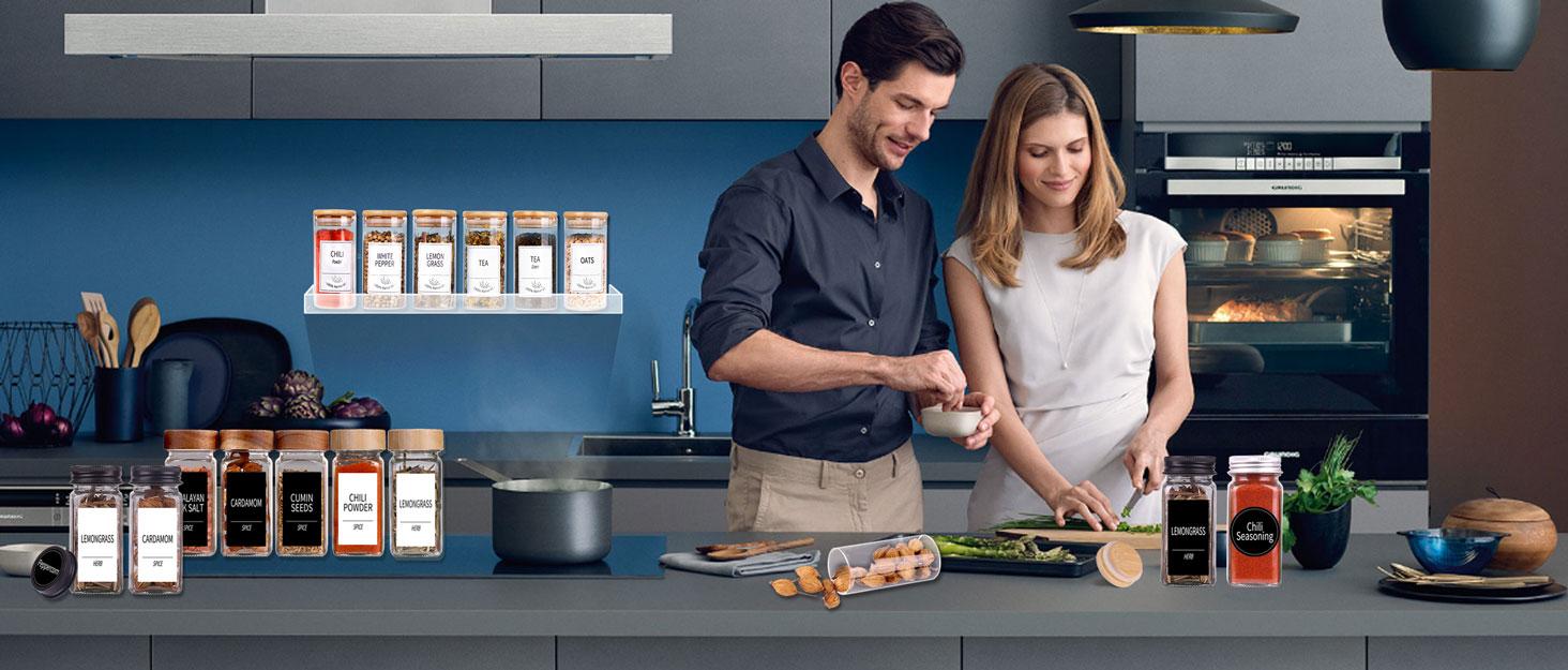 25 Spice Jars with 547 Labels- Glass Spice Jars with Black Metal Caps, 4oz Empty Spice Containers with Shaker Lids, Funnel, Chalk Pen, Square Seasoning Bottles for Spice Rack, Drawer, Cabinet