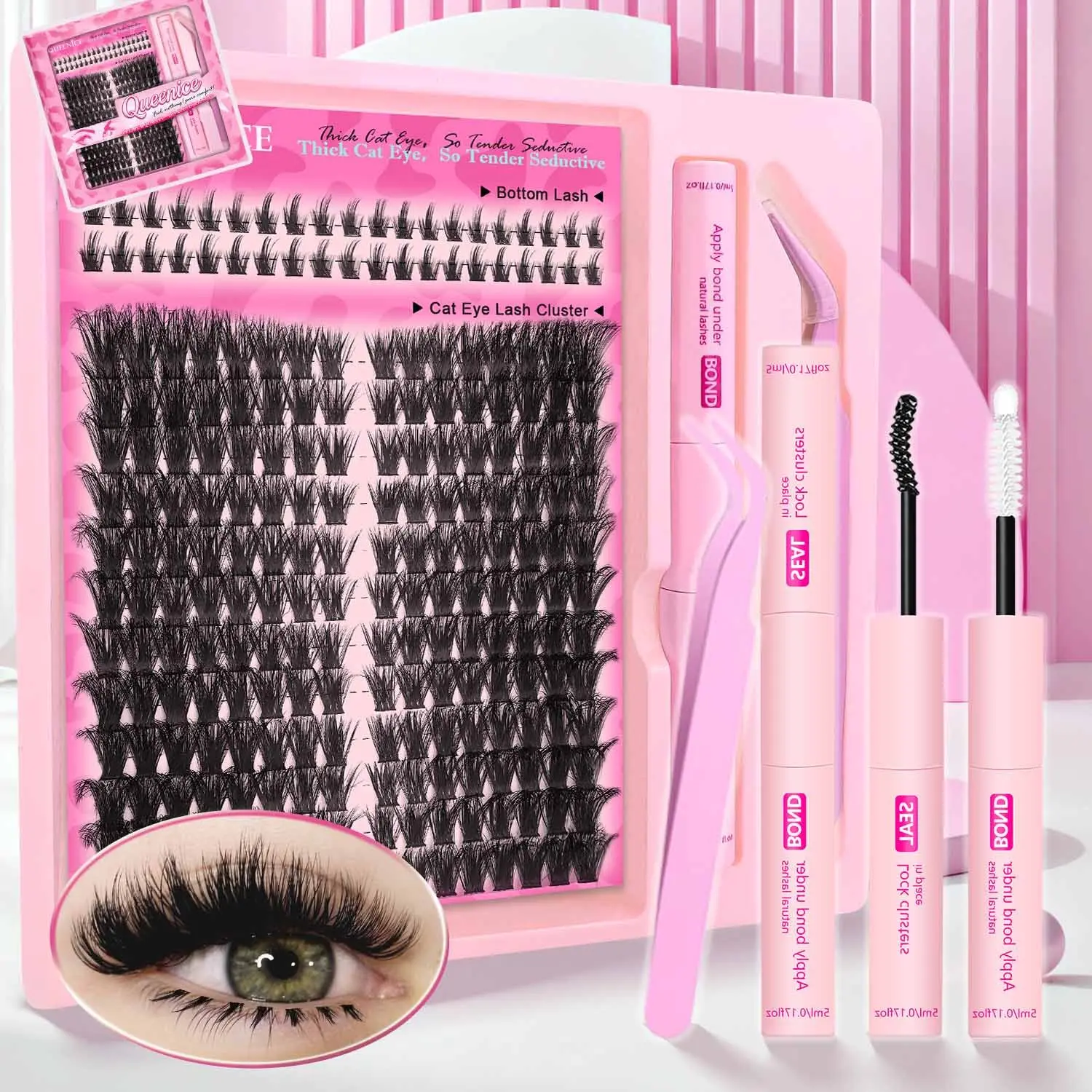 Cat Eye Lash D Curl Fax Cat Eye Lash Clusters, Mega-Dense, Volume Lashes Clusters, Resuable DIY False Eyelash Extension Kit Easy Apply Individual Cluster Lashes Salon-Quality Extensions at Home for Makeup Styles, Women Cosmetic