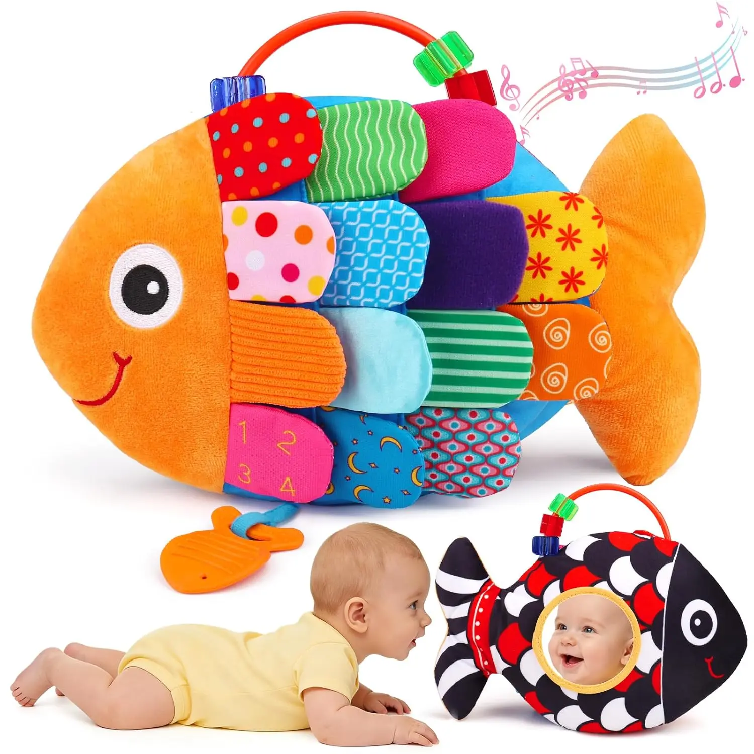 Baby Sensory Tummy Time Toys 0-6 Months Music Fish Toy  Infant 3 4 5 6 Month High Contrast Newborn Toy with Mirror Crinkle Rattle  3-6 6-12 Month Baby Boy Girl Shower Gift Easter Basket Stuffers