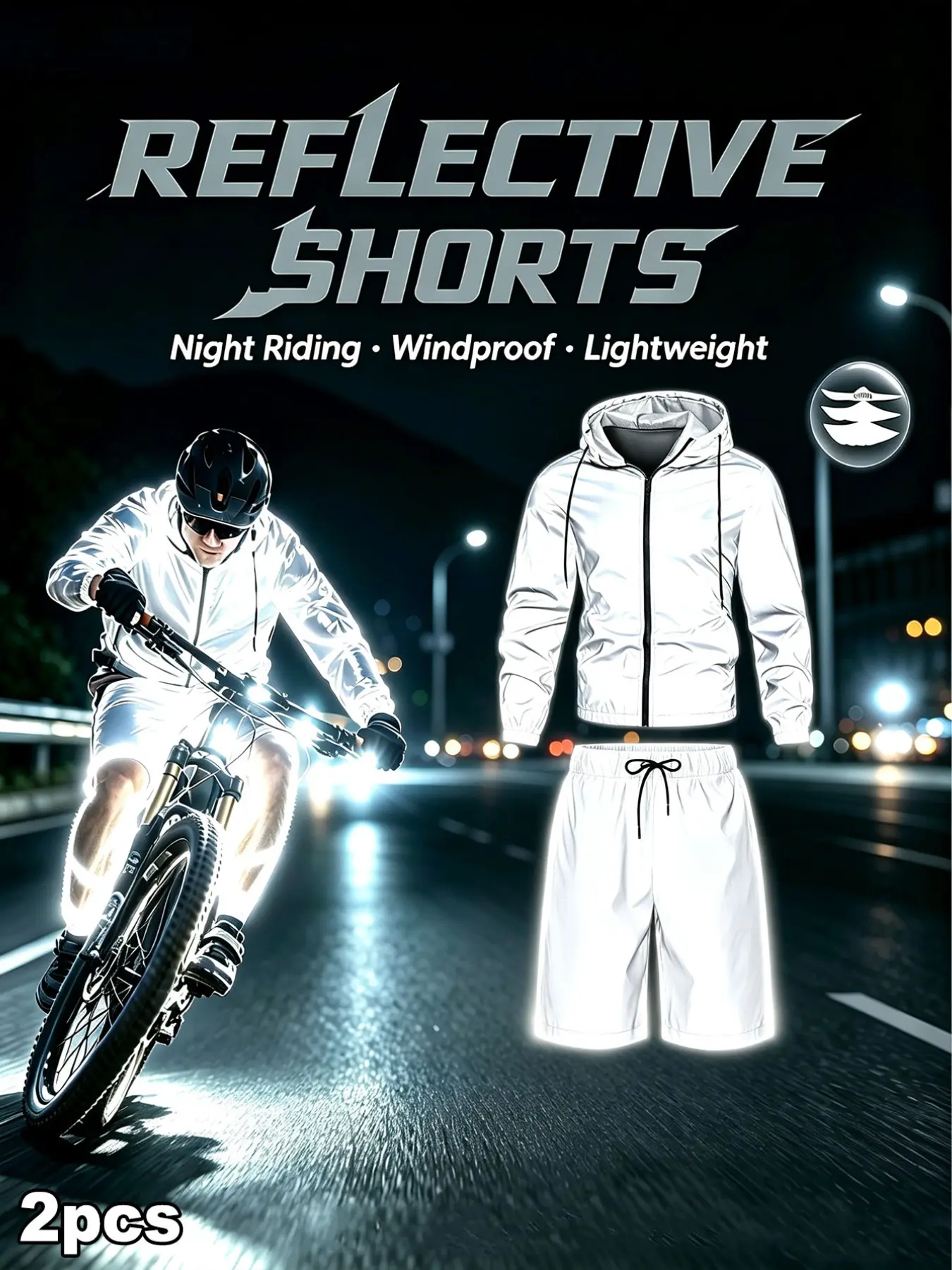 Men's Sporty Two-Piece Set, Lightweight Night Riding, Hooded Jacket + Shorts, Safe Daily Casual Sports Wear