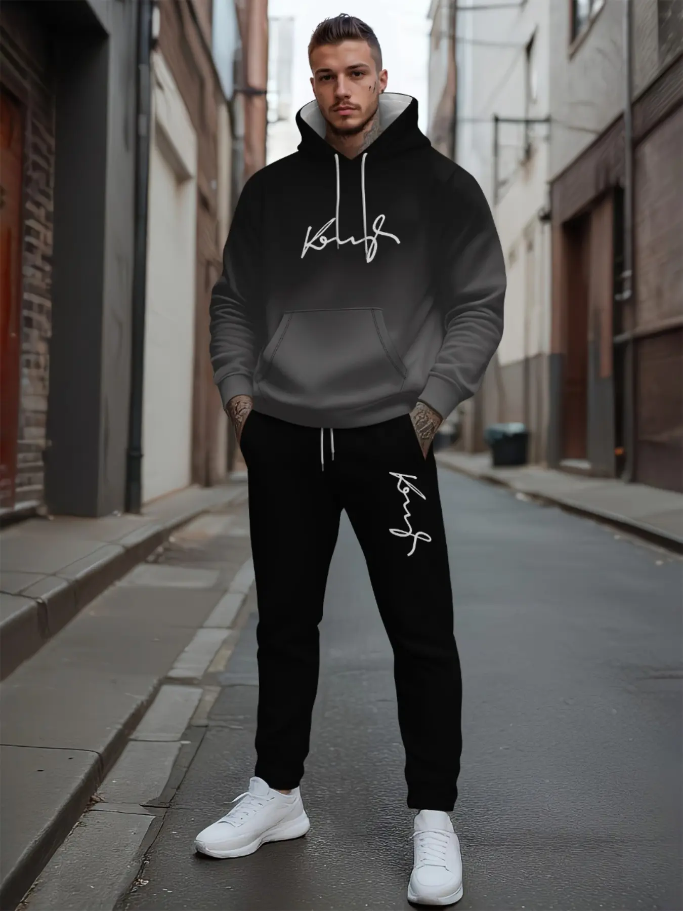Men's Gradient King Hoodie Set, Casual Street Style Long Sleeve Sweatshirt and Pants Two-Piece, Spring & Fall Fashion