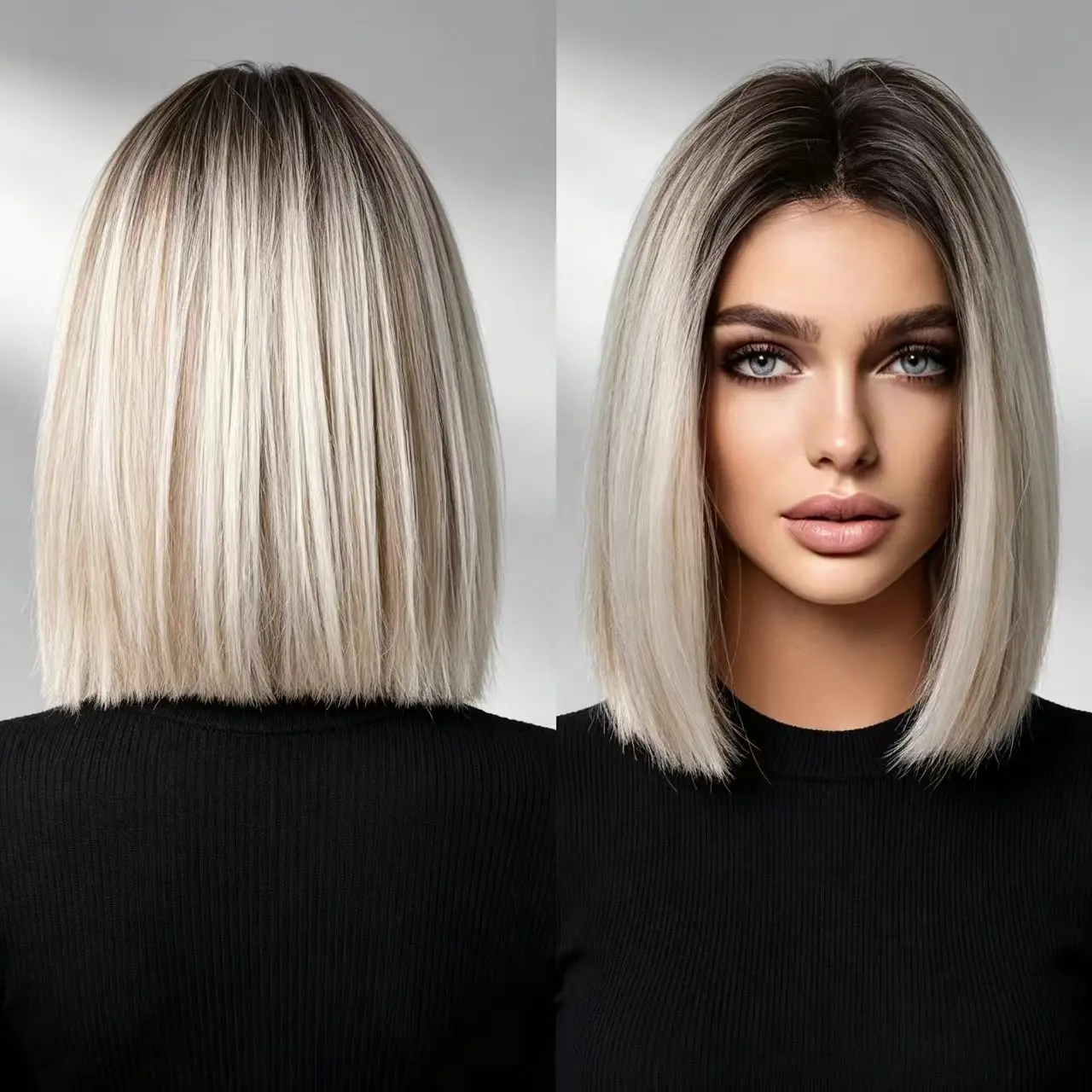 European and American Center Part Gradient Bob Wig, Lockbone Wig, Short Bob, Natural Seamless Synthetic Hair Cap