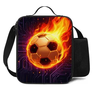 "Flaming Soccer" Insulated Lunch Bag — Features Adjustable Shoulder Strap, Top Handle, and Mesh Side Pocket — Leak-Proof Lunch Tote for Work, Commuting, Picnics, and Travel