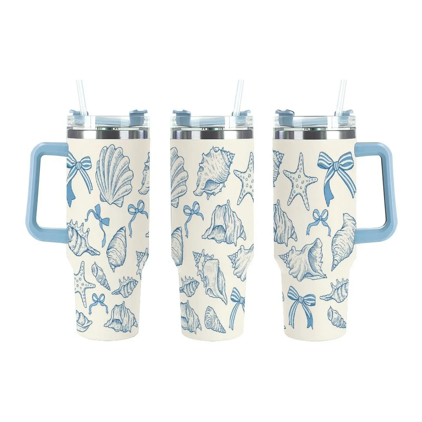 Blue Line Art Seashell Starfish Bow Coastal 20oz 40oz Stainless Steel Insulated Tumbler with Handle and Straw, Double Wall Vacuum Travel Coffee Mug, Nautical Beach Conch Seascape Print, Reusable Cold Hot Drink Cup for Summer Beach Trip Office