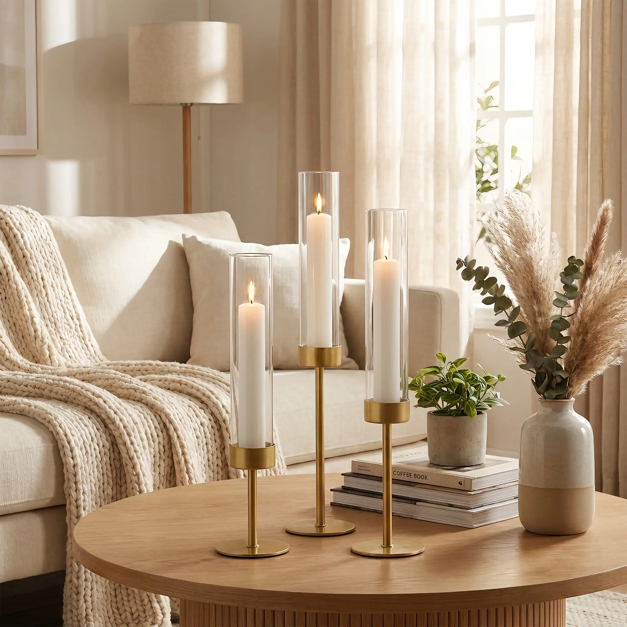 Candle Holders Set, Gold Glass Candlesticks for Wedding Centerpieces, Holiday Table Decor & Dinner Parties, Windproof Metal Taper Candle Holder with 3 Tiered Sizes
