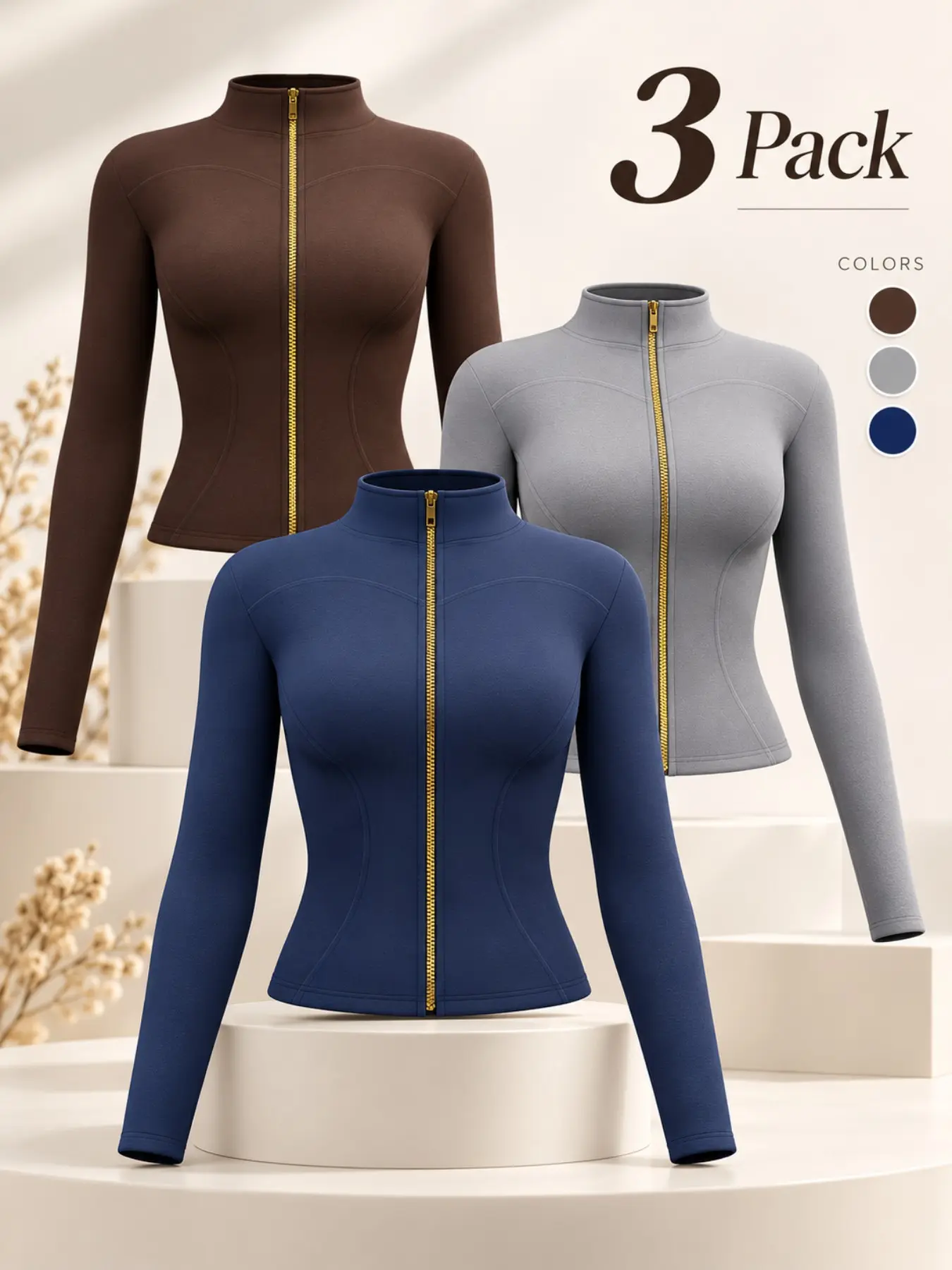 Women's Stand Collar Full Gold Zipper Sport Jacket, Long Sleeve Thumb Hole Yoga Coat, High Stretch Cinched Waist Tight Slimming Workout Top for Pilates Gym