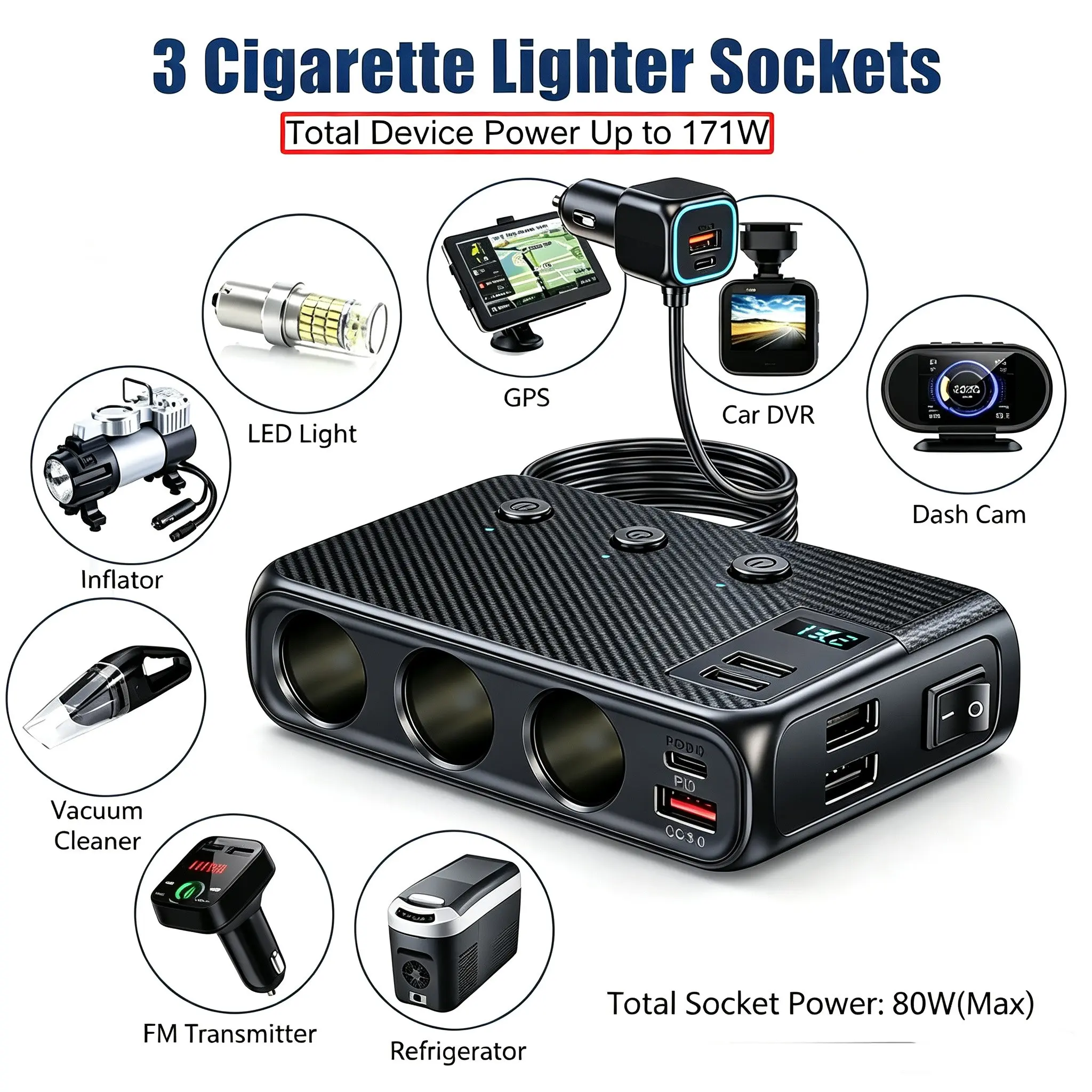 9-in-1 Car Charger Splitter with 1m Extension Cord, 12V/24V 3-Socket Cigarette Lighter Adapter, PD30W & QC3.0 Fast Charging, Independent Switches & LED Voltage Display for Cars, SUVs, Trucks