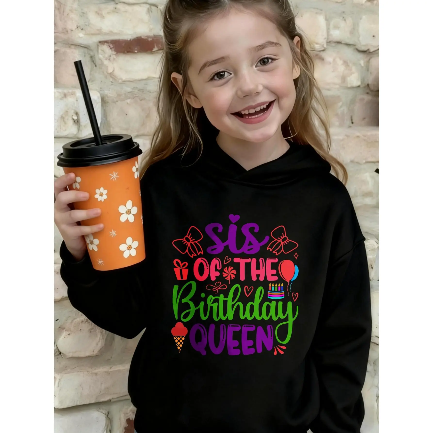 ' Black Birthday Queen Sister Matching Hoodie & Pants Set - Sis of the Birthday Queen Print with Hearts & Crowns, Soft Stretchy Fabric, Cozy Hooded Sweatshirt & Joggers for Birthday Party Outfits, Sibling Celebration Outfits (Autumn/Winter