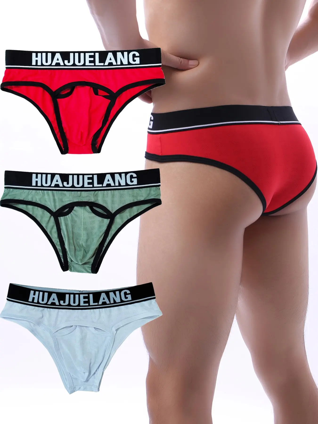 3pcs Men's Low Waist Bikini Briefs with Elastic Waistband, Thin Mesh Breathable Elastic Triangle Underwear, Trendy Fashion Sporty Comfort Shorts for Summer
