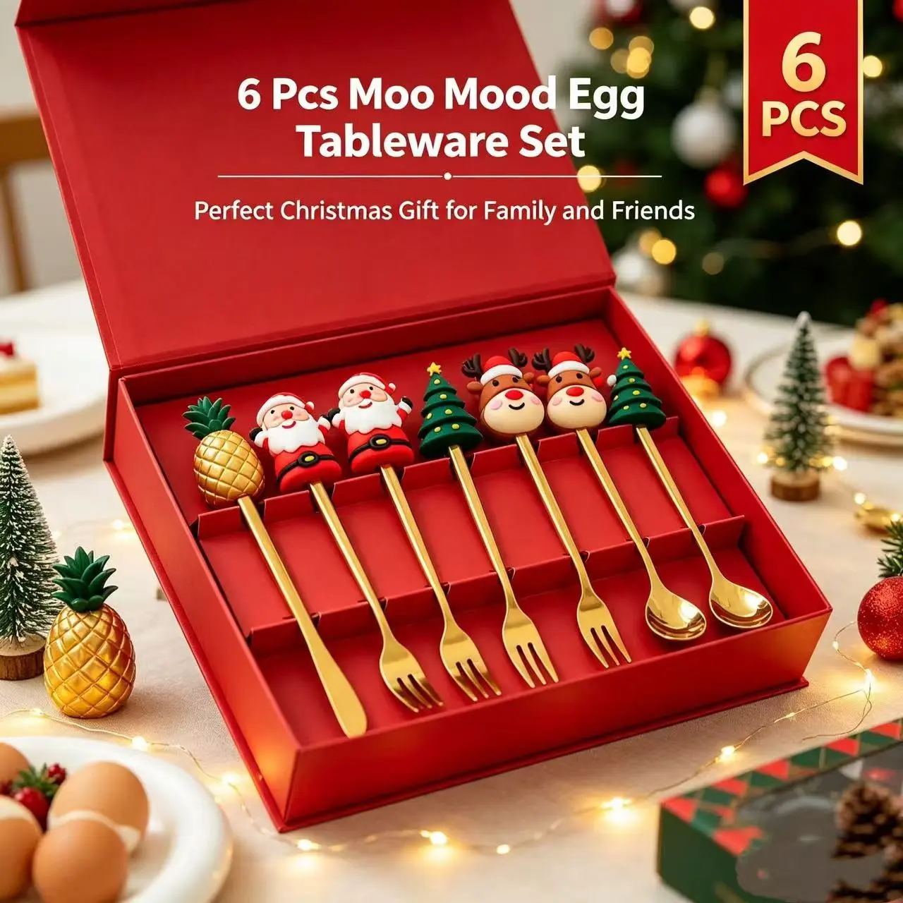 Christmas Cartoon Stainless Steel Dessert Spoon Fork Set, 6-Piece Holiday Gift Box, Cute Santa Tree Reindeer Cutlery