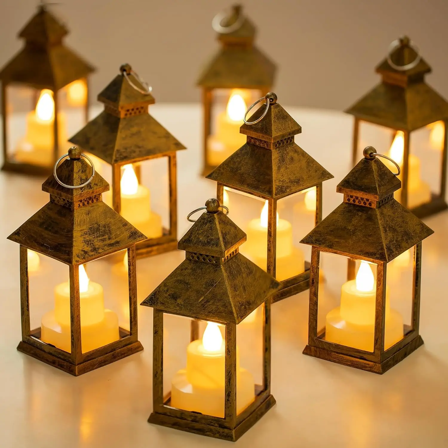 Gold Mini Lantern for Centerpiece, Pack of 10 | Small Lanterns with Glass Panels, Flickering Flameless LED Candles; Aged, Vintage-Inspired Finish, Batteries Included