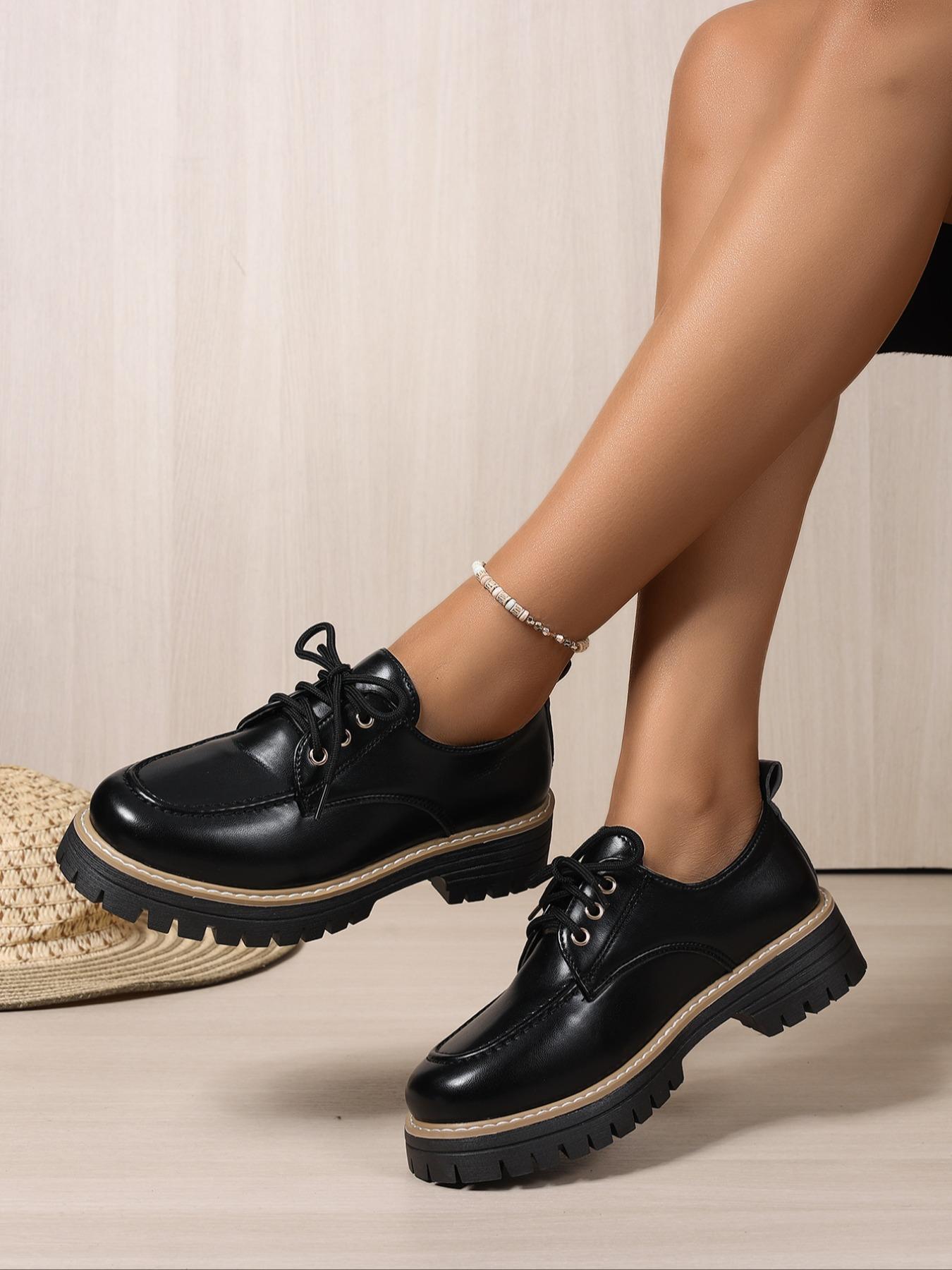 Women's Fashionable Solid Color Lace Up Loafers, Casual Comfortable Round Toe Office Commuting Shoes for Daily Wear, Lightweight Breathable Shoes for Women & Girls, Closed, Casual Business Shoes