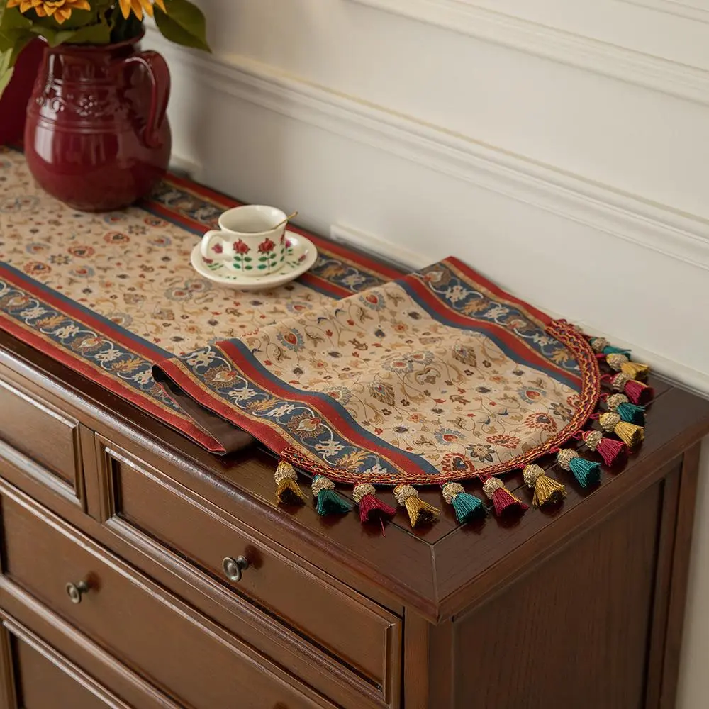 Vintage Fringed Table Runner with Tassels – Long Rustic Farmhouse Dining Table Cover, Elegant Boho Entryway Console Decor, American Style Kitchen Linen for Party & Home