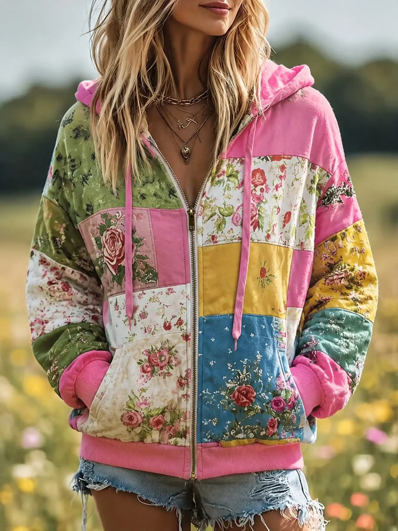 Women's Vintage Spliced Print Zip Up Hooded Coat, Floral Patchwork Drawstring Pocket Long Sleeve Hoodie, Loose Retro Casual Cardigan, Street Outdoor Vacation Daily Outerwear Top