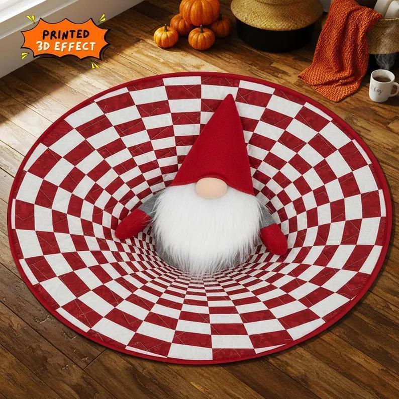 Christmas Gnome Round Rug 3D Gift Illusion Mat Holiday Winter Carpet Festive Santa Gnome Floor Rug Xmas Home Decor Round Rug