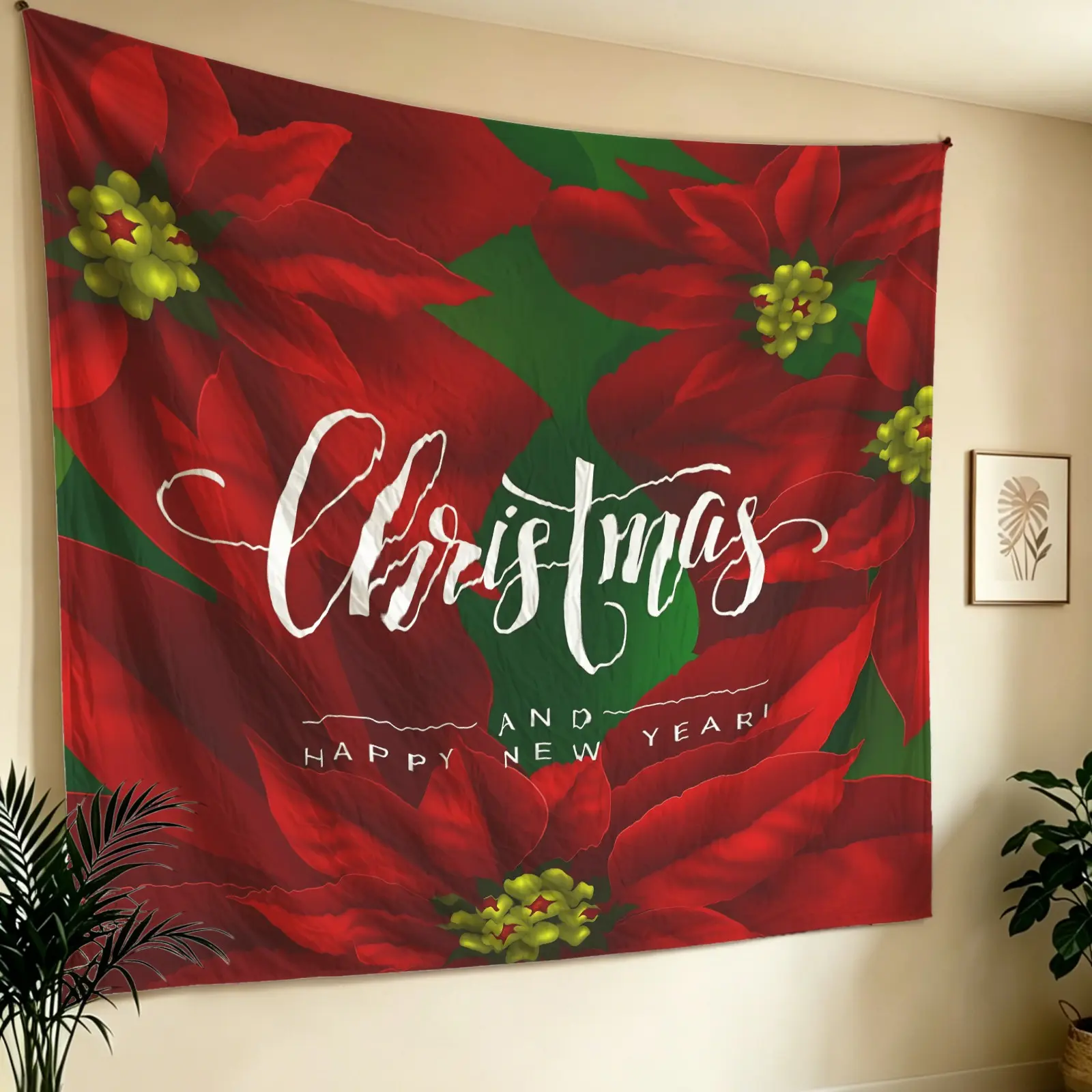 Christmas Vintage Tapestry, Wall Hanging Tapestries, Wall Blanket Backdrop Decor, Xmas Bird, Poinsettia, Plaid & Gingerbread Print Wall Art, Holiday Home Decor for Bedroom Living Room Farmhouse Party, Creates Warm Rustic Christmas Festive Atmosphere