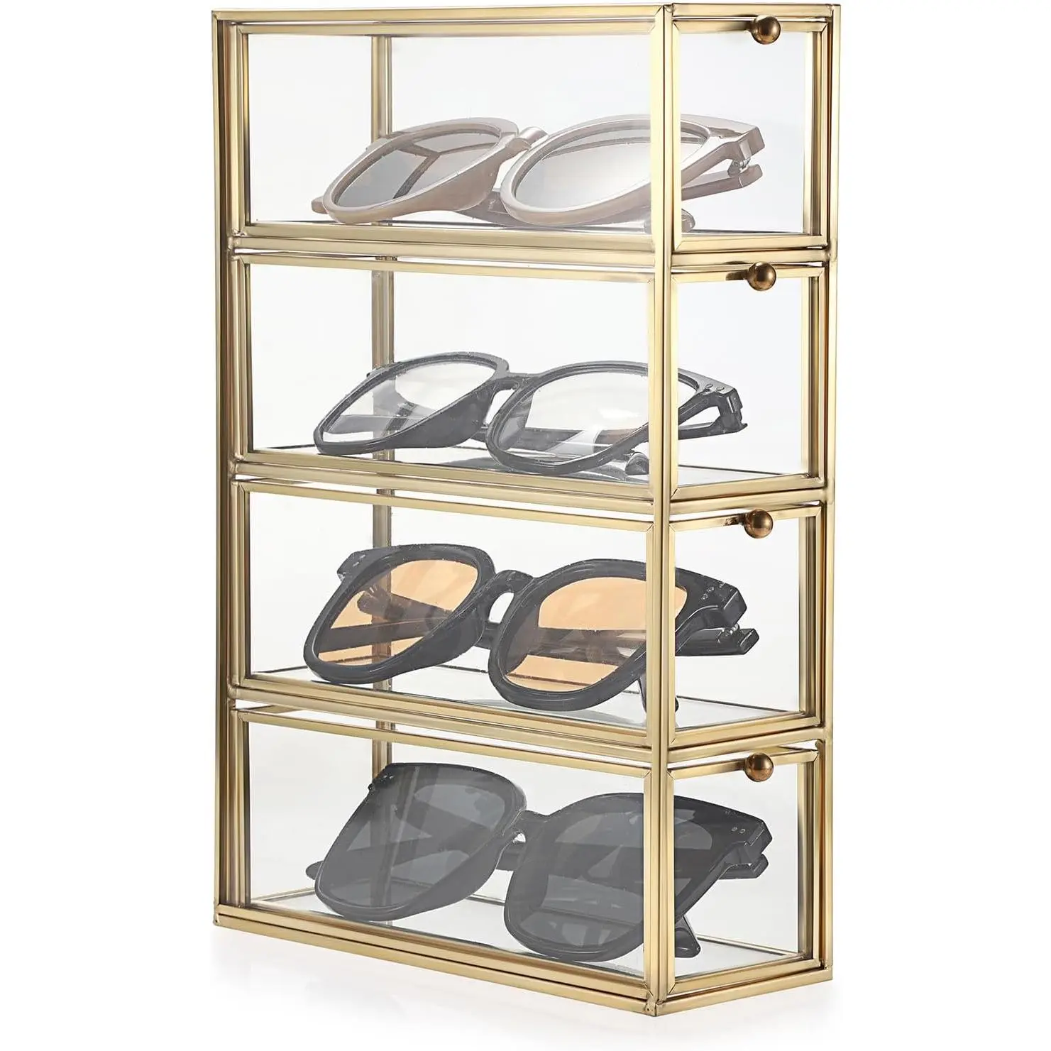 Sunglasses Organizer Box with 4 Drawers, Glass Eyeglass Display Case |  Metal Eyewear Storage Holder Clear Multiple Drawer Organizer for Glasses  Watch  Makeup