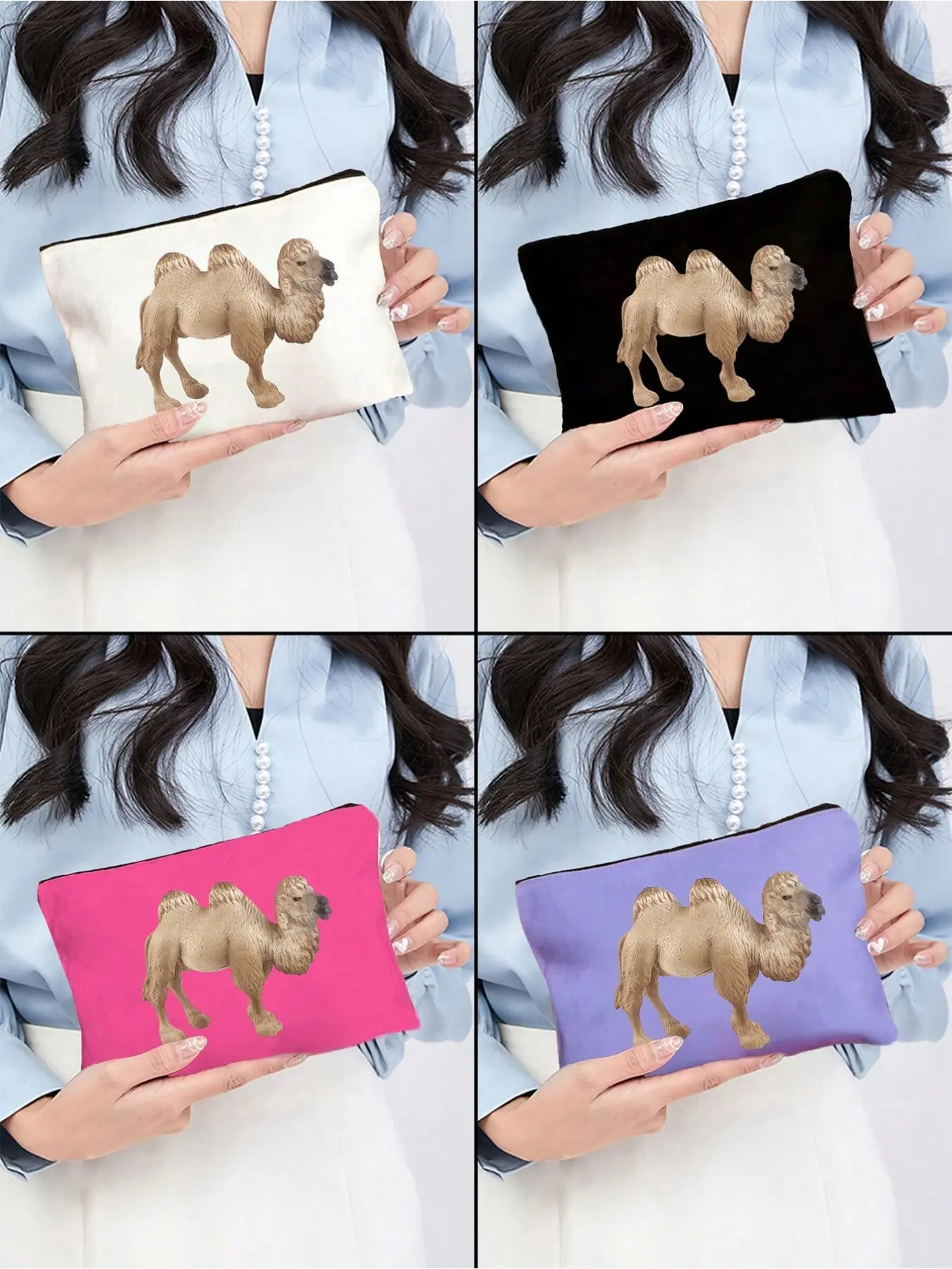 Camel Theme Zipper Makeup Bag, Large Capacity Cosmetic Organizer, Lightweight Polyester Travel Washbag, Fun Cartoon Multi-Function Canvas Bag