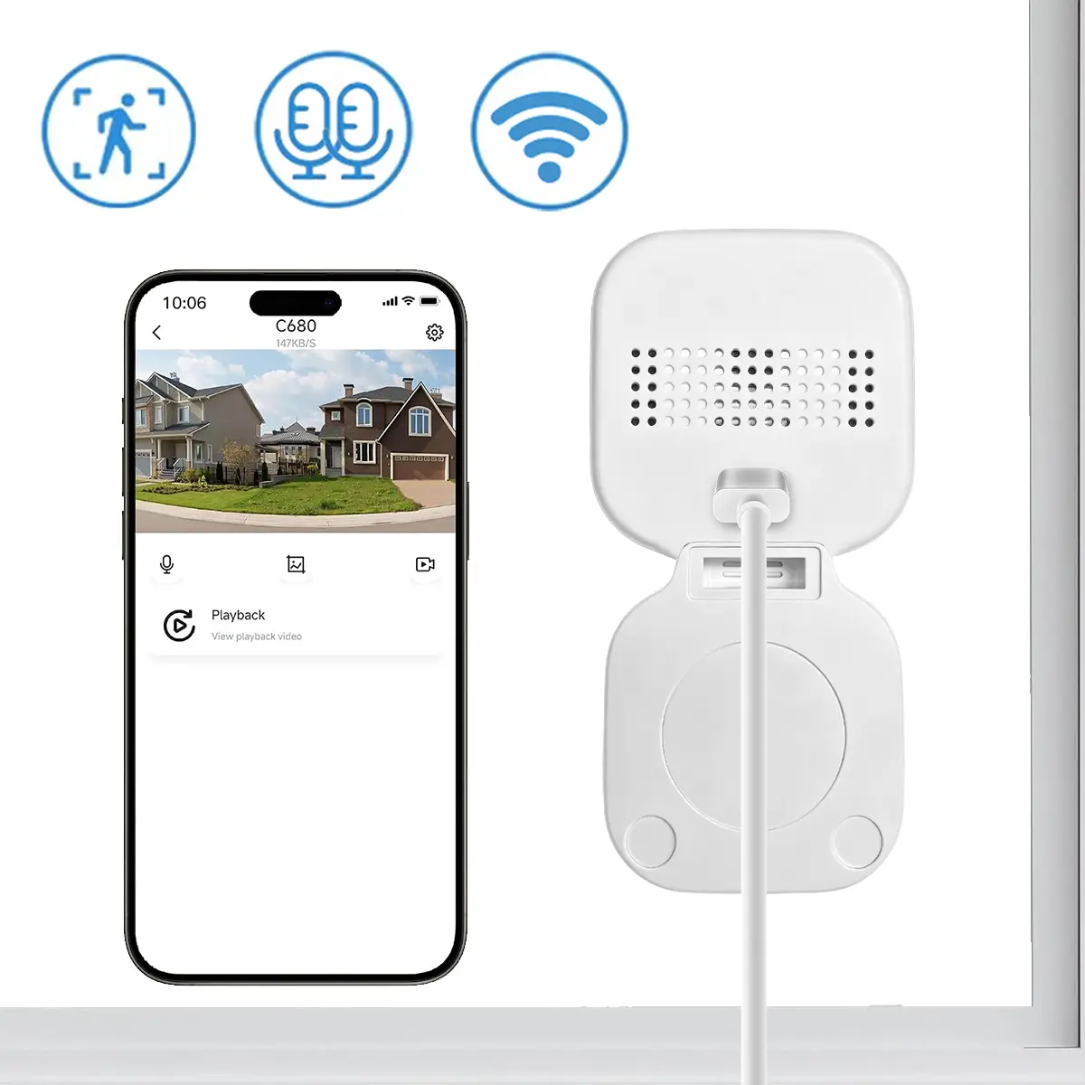 2K Indoor Window Security Camera, No Drill Camera for Outdoor View Through Glass, Supports 2.4GHz WiFi, AI Human Detection, Motion Alerts, Night Vision, Two-Way Audio, WiFi Remote Viewing for Front Door & Home Security