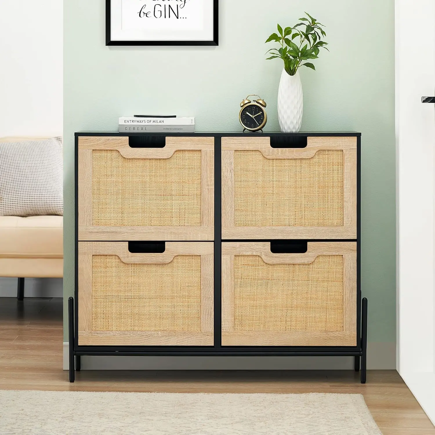 Garvee Rattan Front 4-Drawer Turnover Shoe Storage Cabinet - Freestanding Narrow Entryway Shoe Organizer - Metal Legs, Space-Saving Tipping Drawers, Modern Wood Look - Oak/White/Black